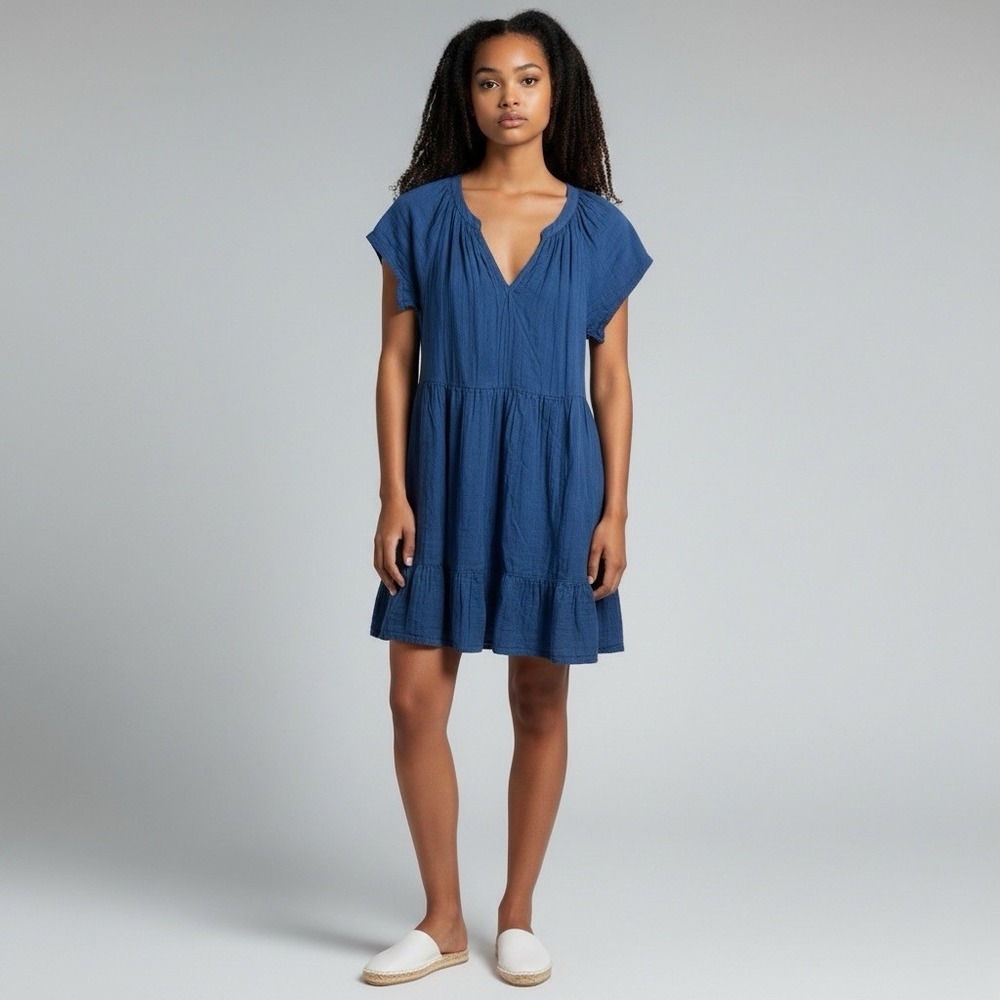 Pact Organic‎ 100% Cotton Coastal Double Gauze Breezy Tiered Dress XS Navy Blue